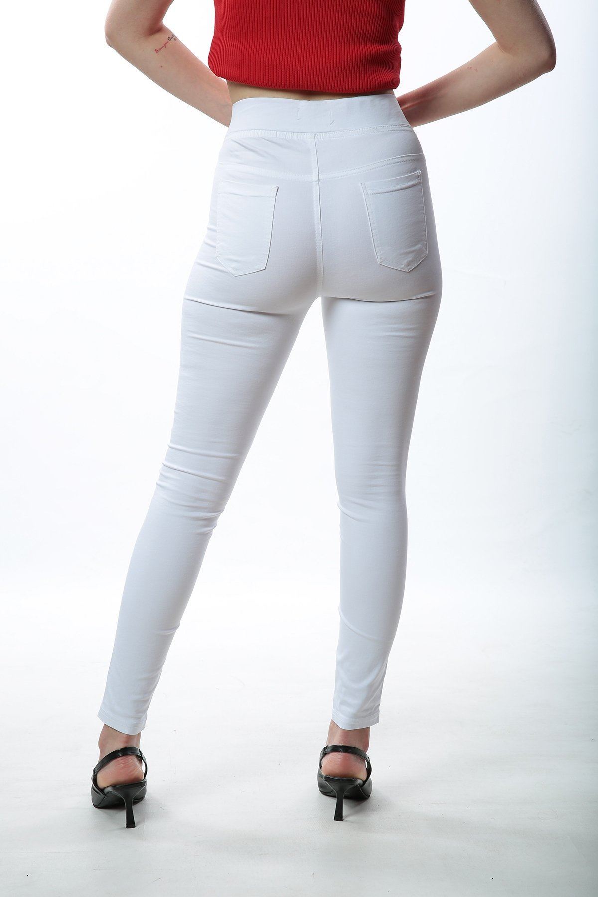 Ön Cep Görünümlü Yüksek Bel Lastikli Kot Tayt Pantolon-Beyaz