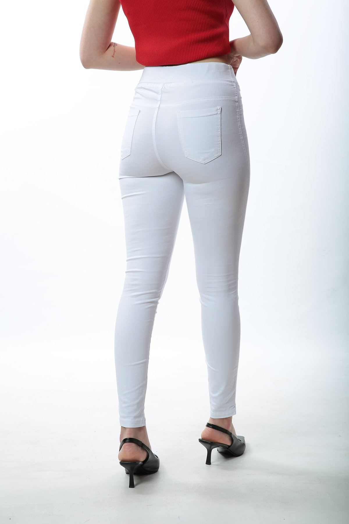 Ön Cep Görünümlü Yüksek Bel Lastikli Kot Tayt Pantolon-Beyaz