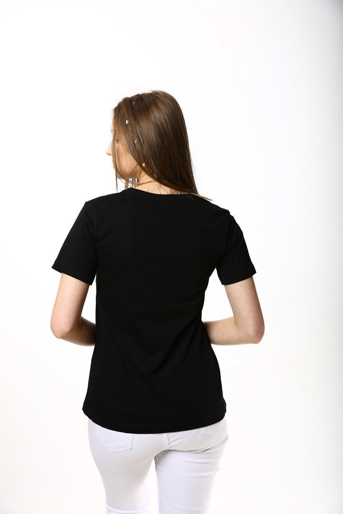 Ön Karakter Baskılı Gözlüğü Taş İşlemeli Baskılı T-shirt-Siyah