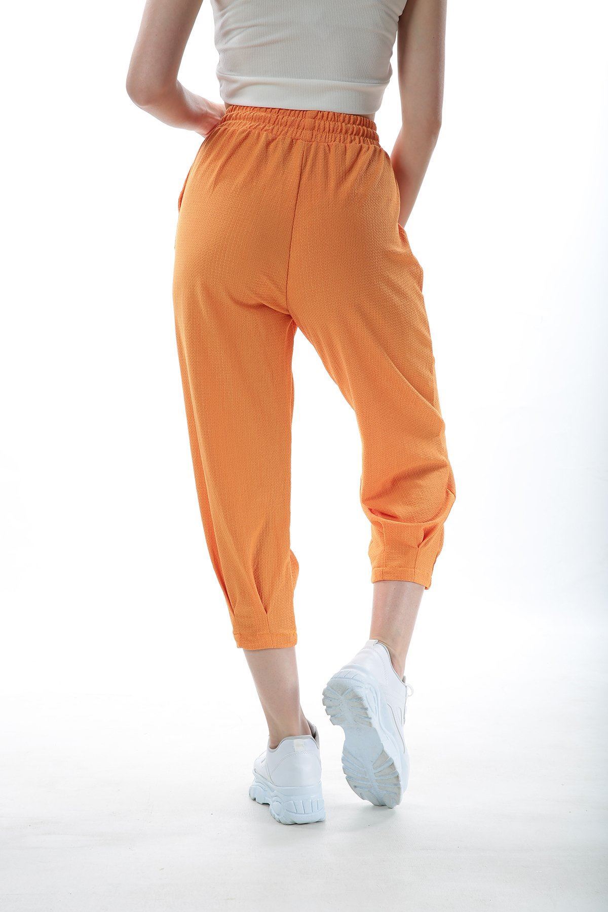 Paçası Pensli Beli Lastikli Pantolon-Orange