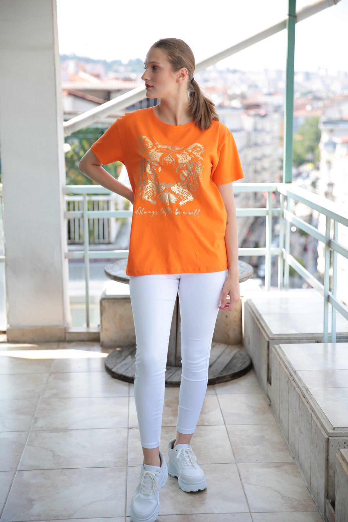Dijital Ve Nakış Kaplan Baskılı T-shirt-Orange