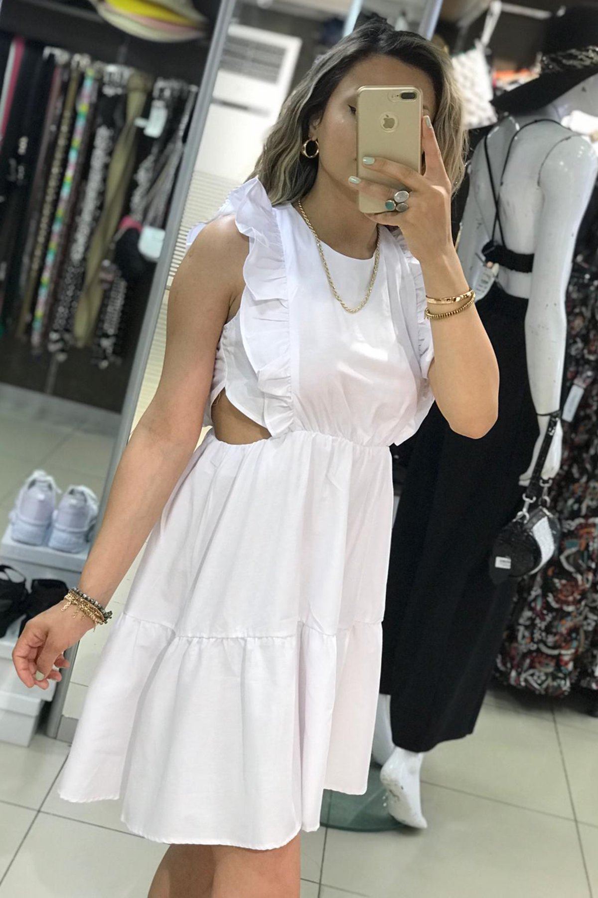 Sıfır Kol Fırfırlı Bel Lastikli Elbise-Beyaz