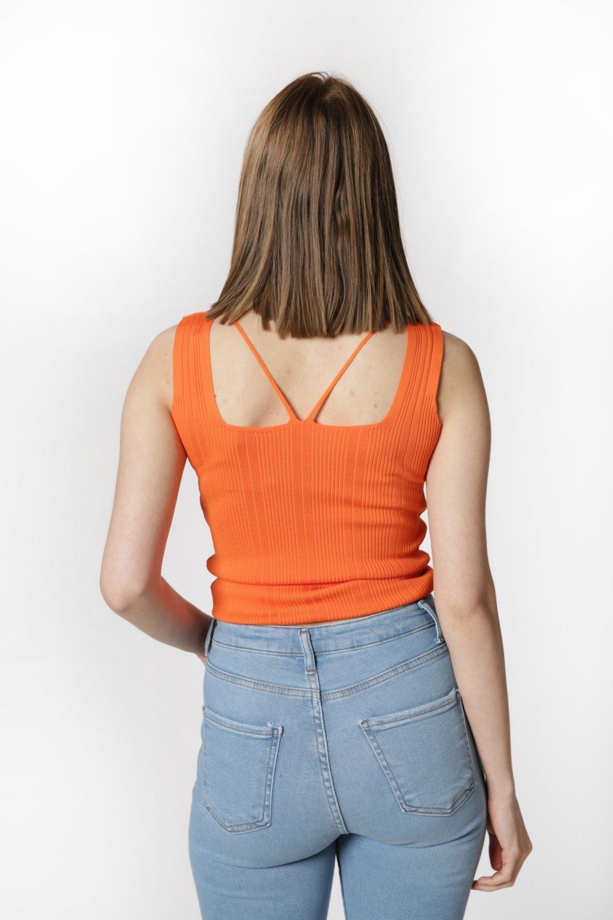 Ön Ve Arkası İp Detaylı Fitilli Triko Bluz-Orange