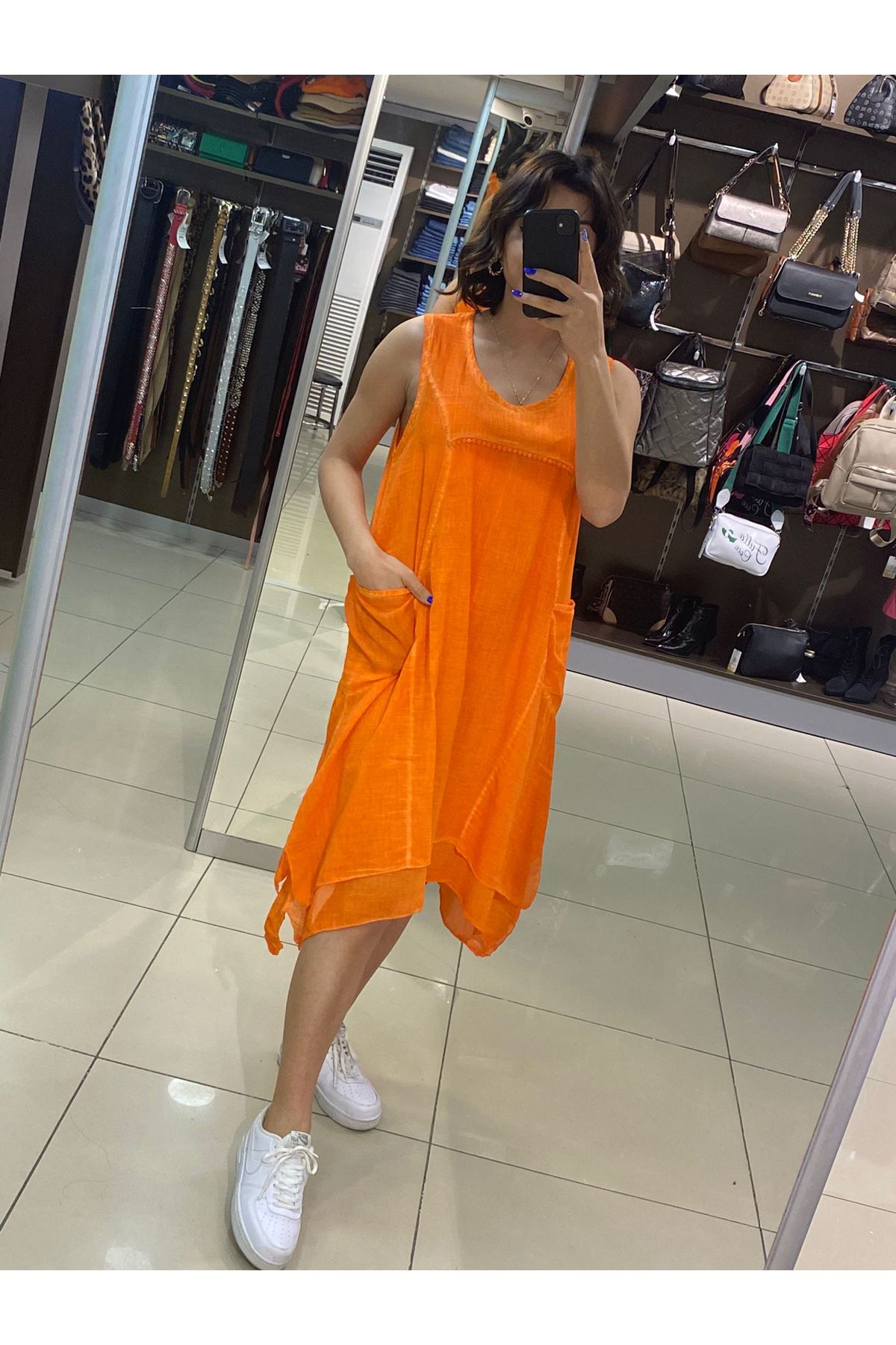 Sıfır Kol İki Cepli Nakış Detaylı Keten Salaş Elbise-Orange