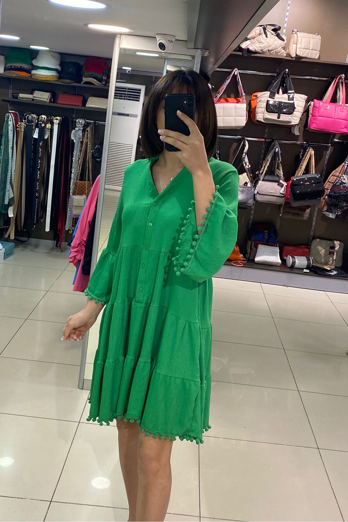 Kolları Ve Eteği Ponponlu Volanlı V Yaka Elbise-Yeşil