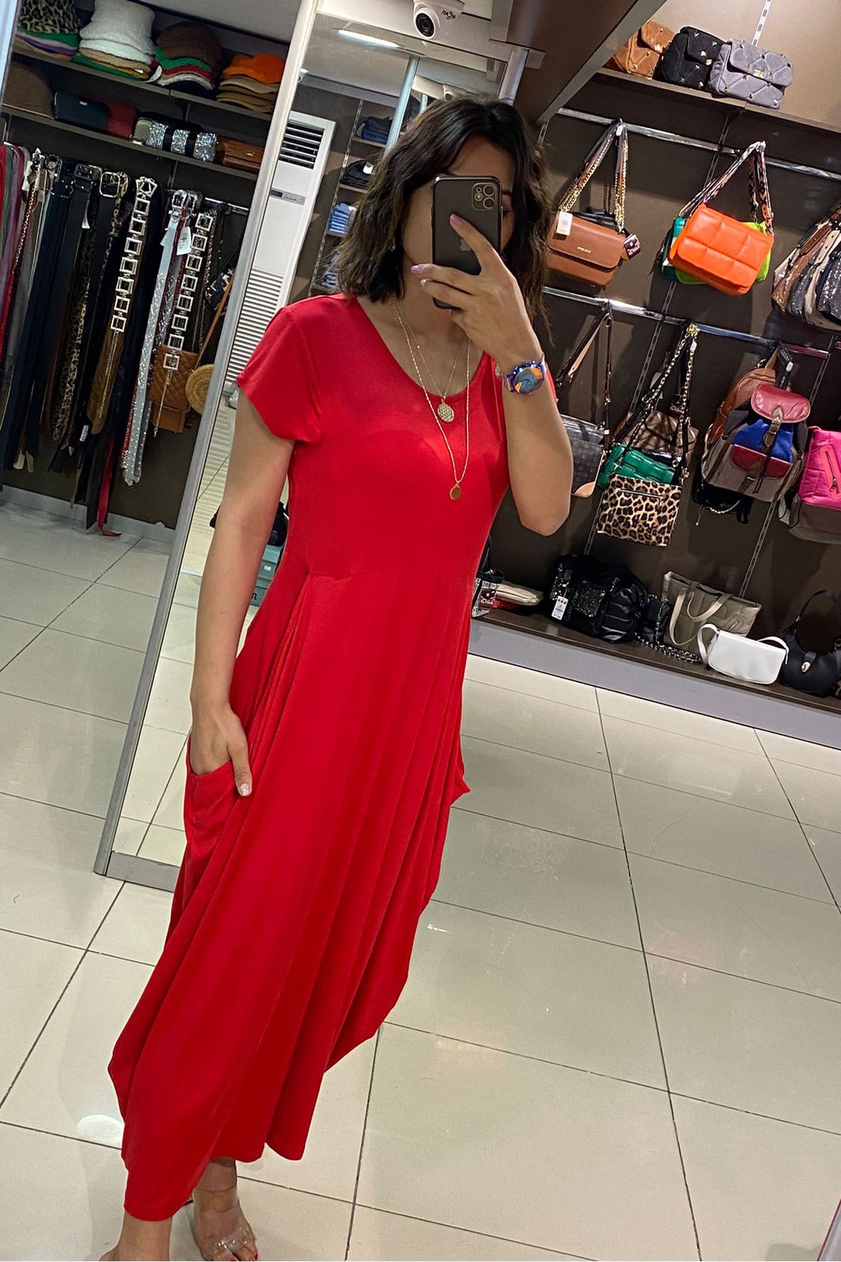 Yuvarlak Yaka Cep Şalvar Detaylı Penye Elbise-Kırmızı