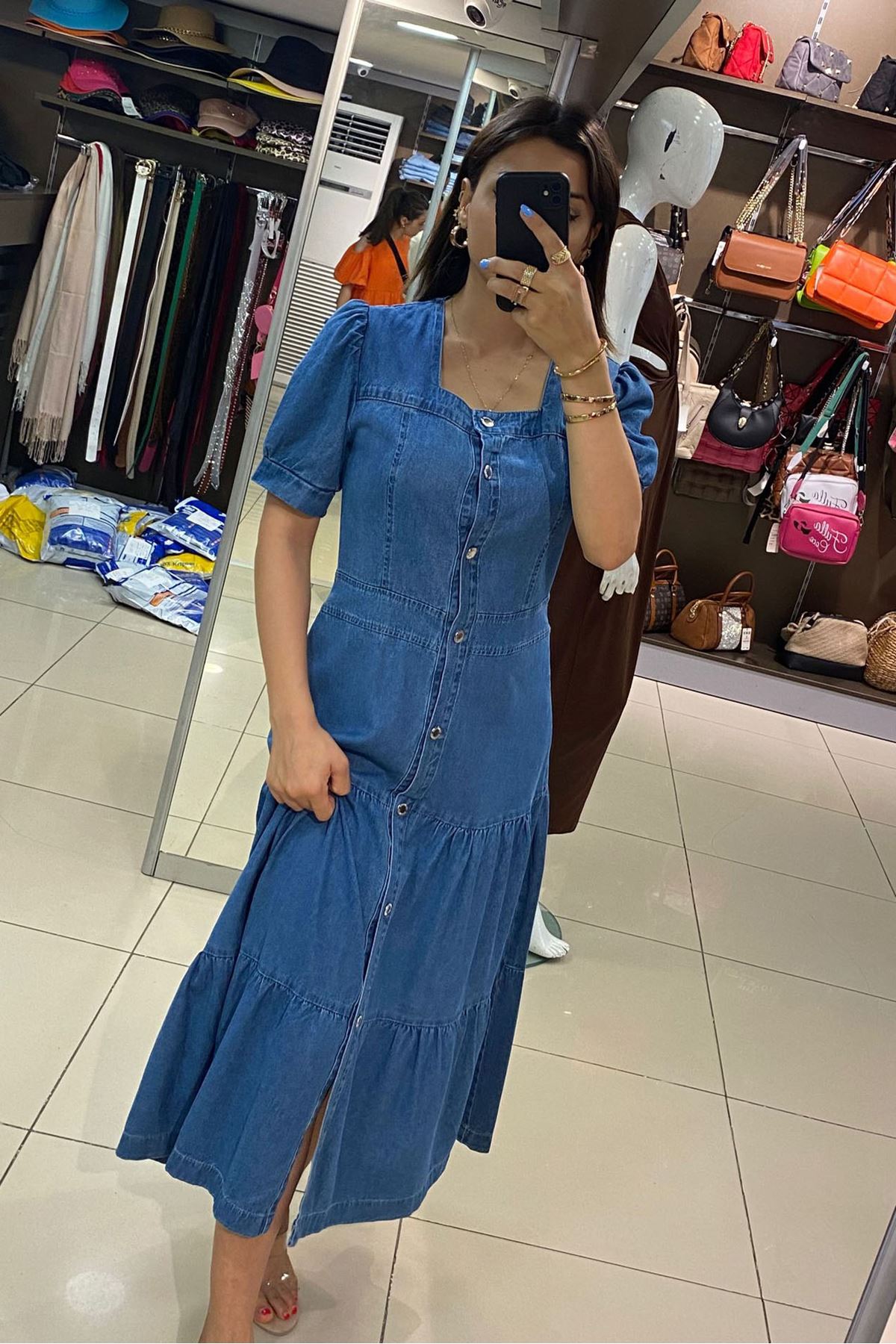 Balon Kol Kare Yaka Ön Düğmeli Volanlı Kot Elbise-Koyu Mavi