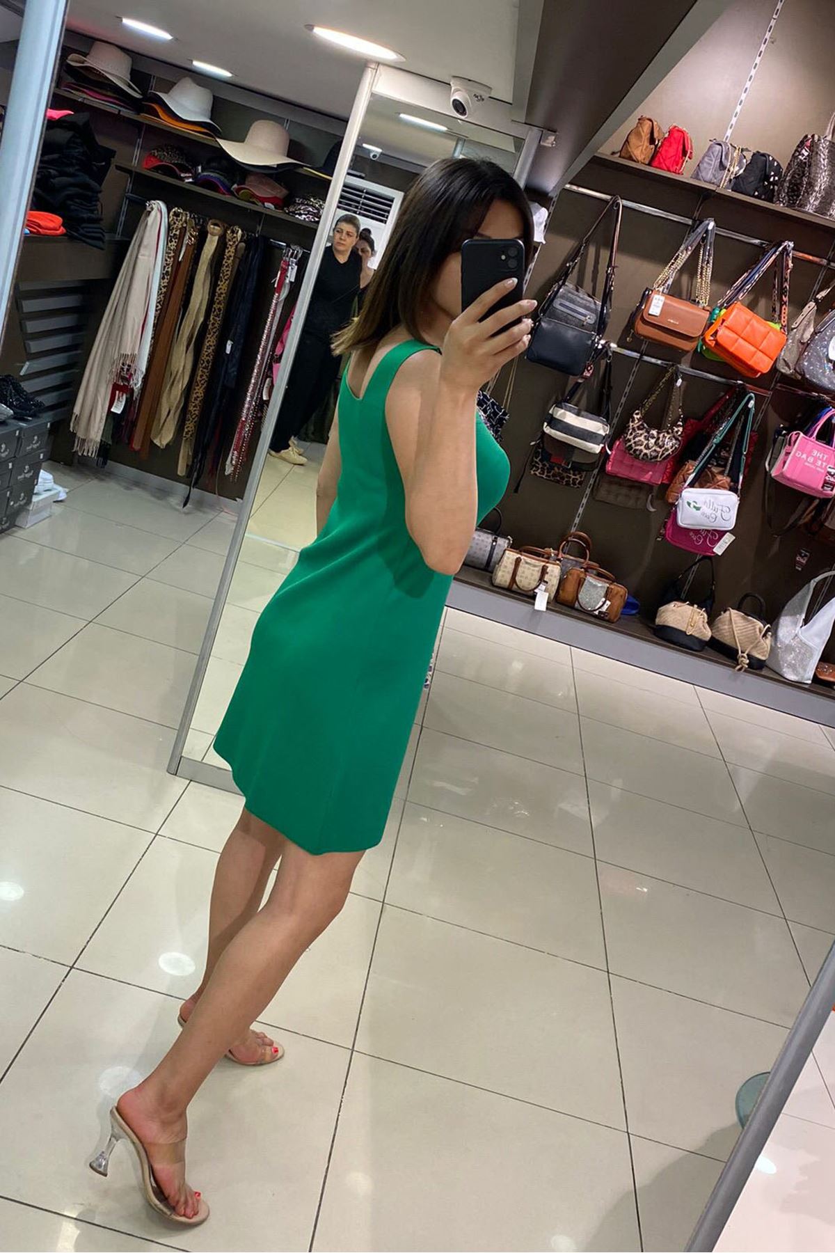 Kalın Askılı Kare Yaka Çan Elbise-Yeşil