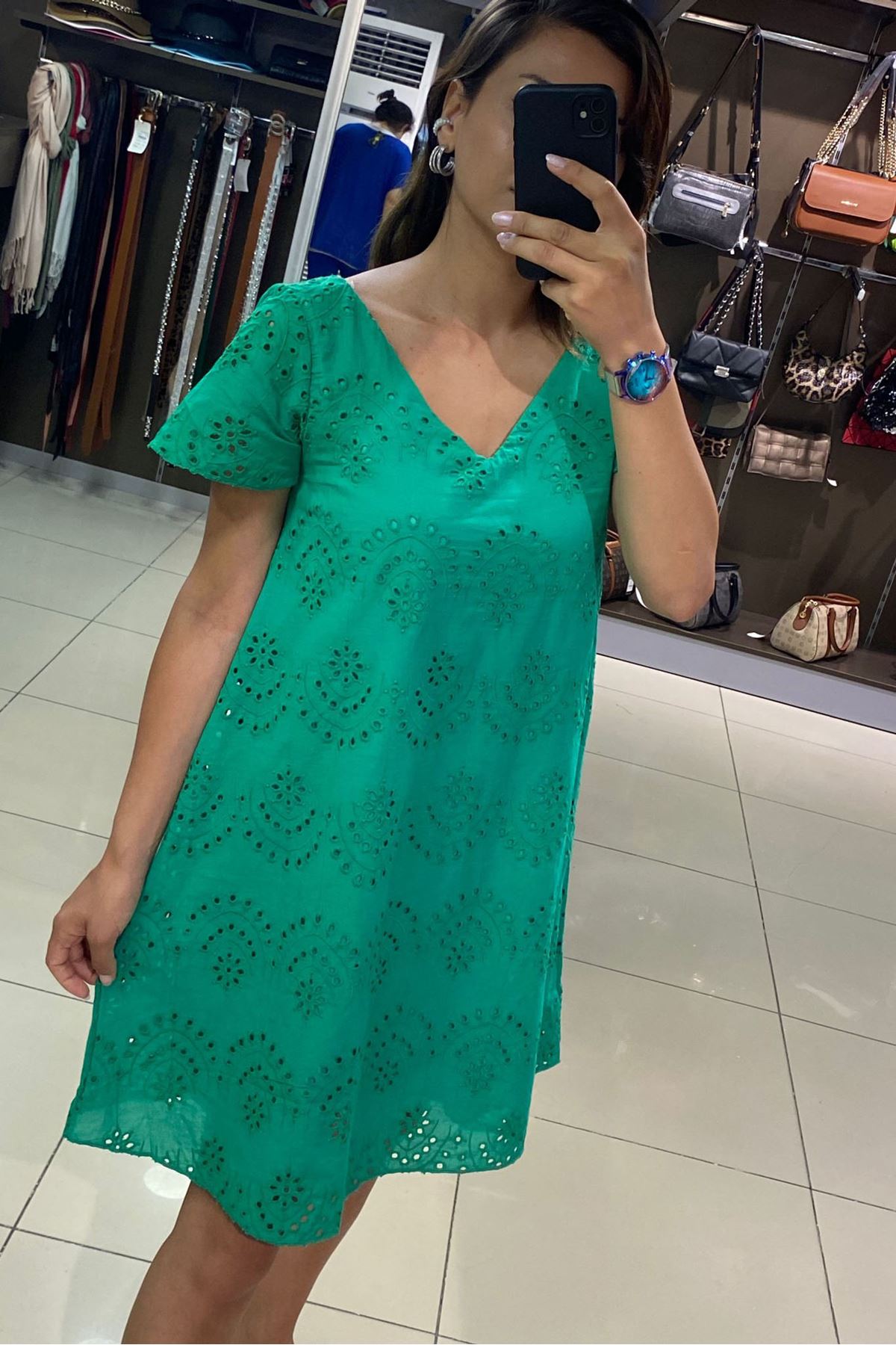 Ön Arka Ve Yaka Fisto Çan Elbise-Yeşil