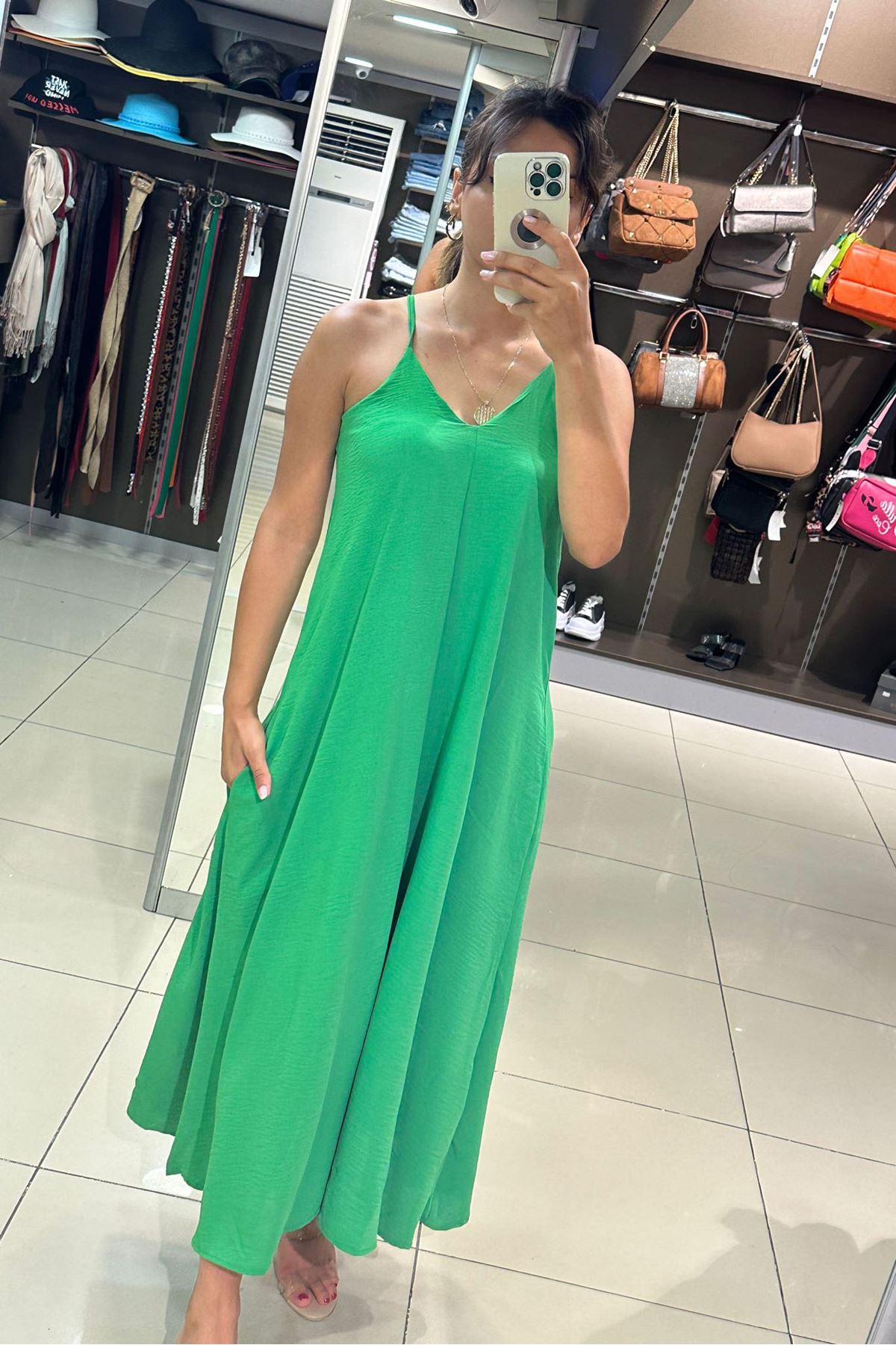 Askısı Ayarlanabilir Salaş Cepli Keten Elbise-Yeşil
