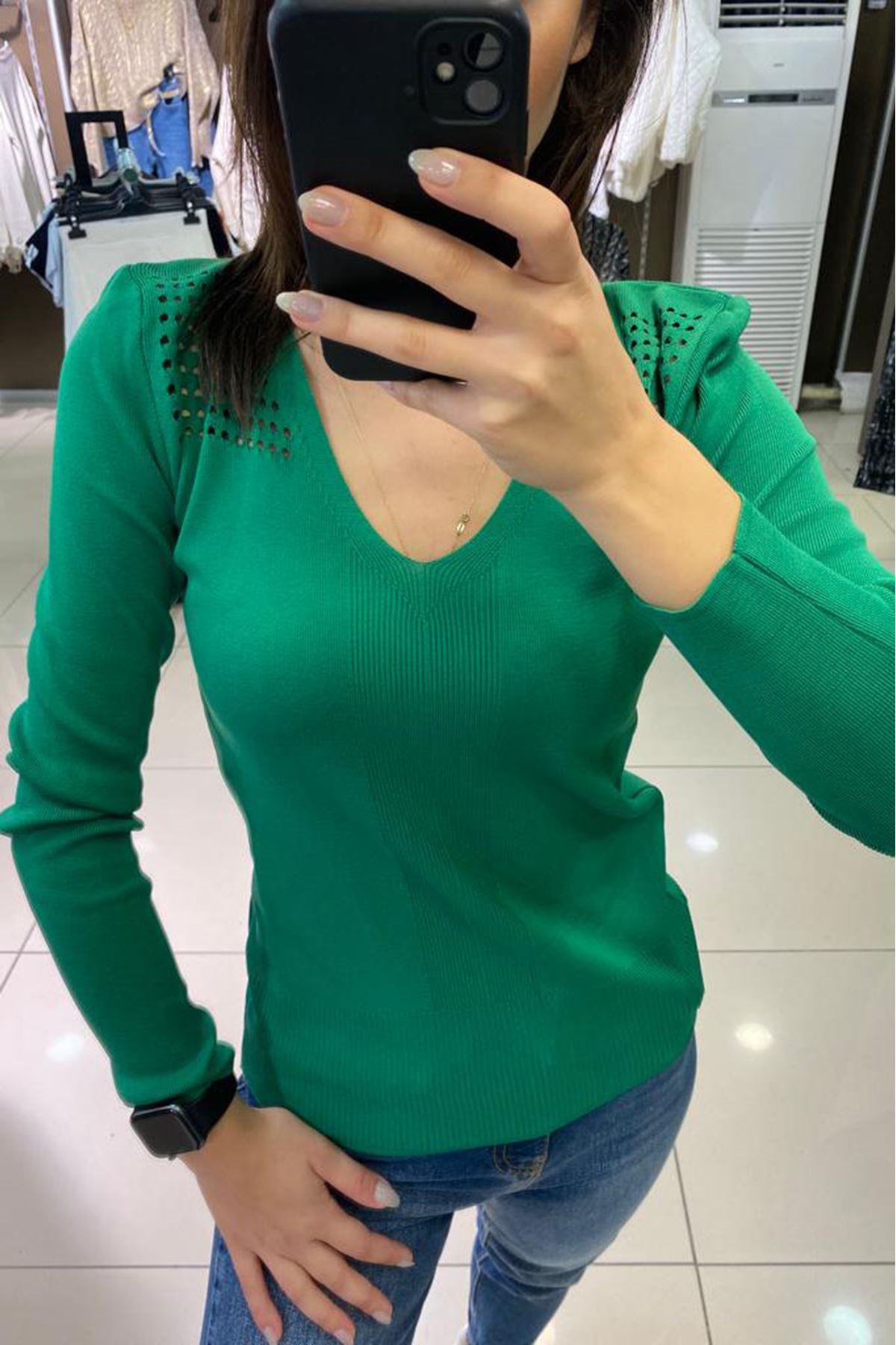 Omuz Delikli Uzun Kol Bluz-Yeşil