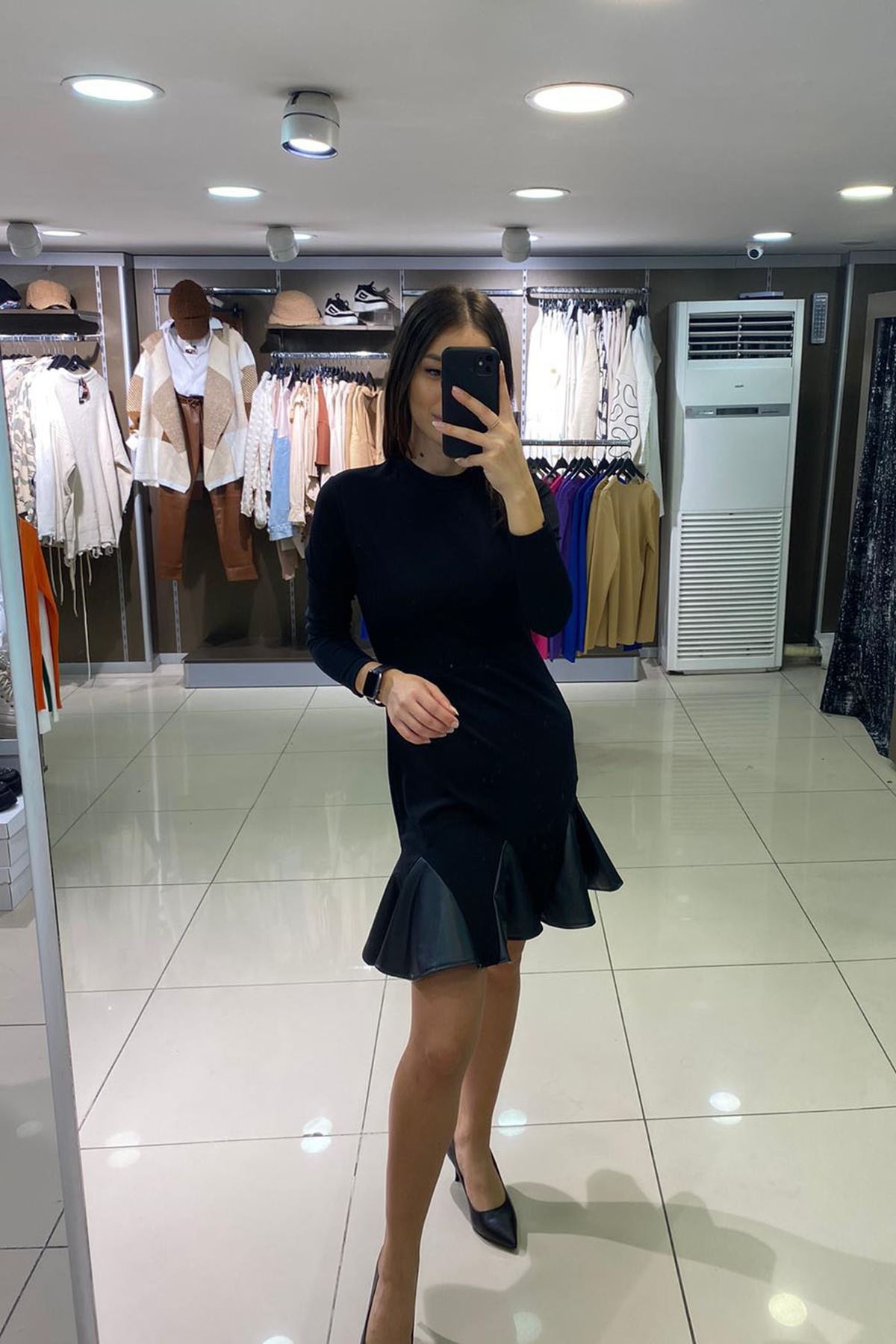Çelik Örme Eteği Deri Detaylı Elbise-Siyah