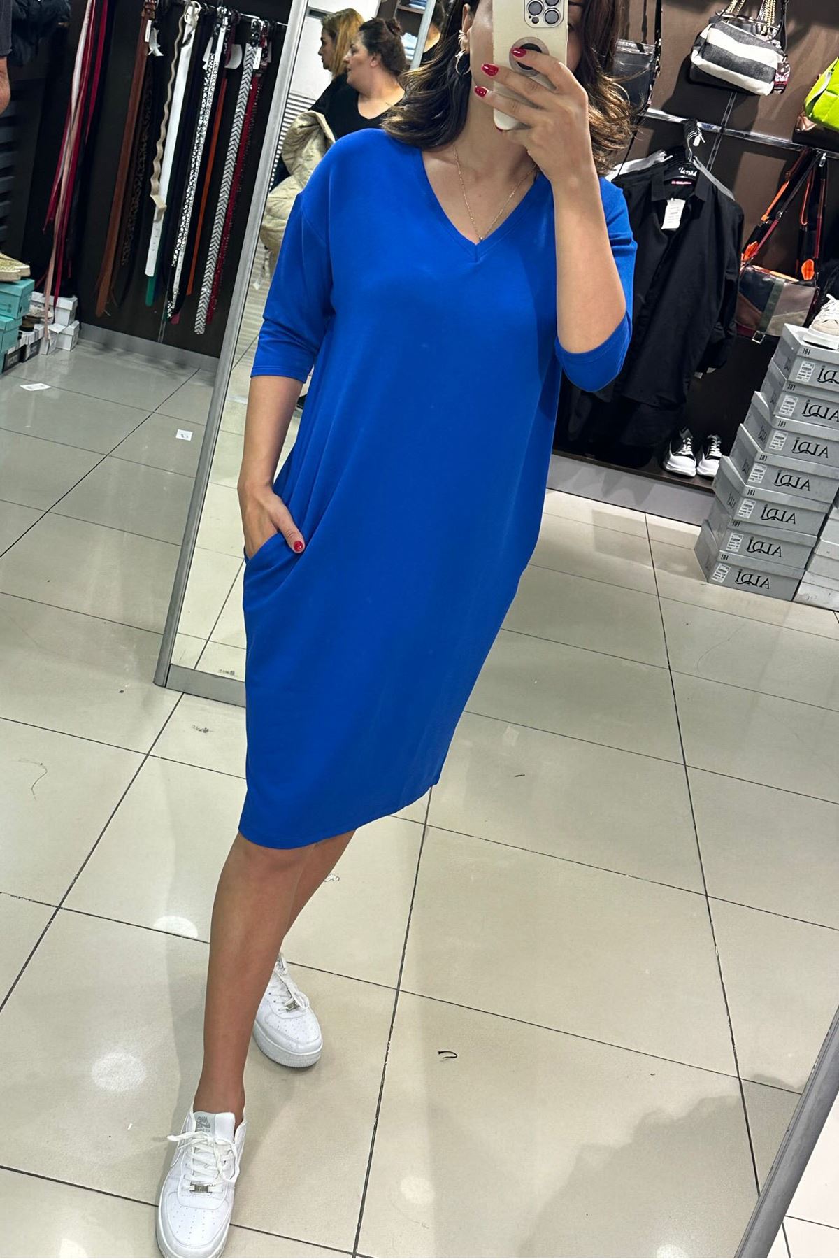 Fakir Kol Basic V Yaka Cepli Elbise-koyu mavi