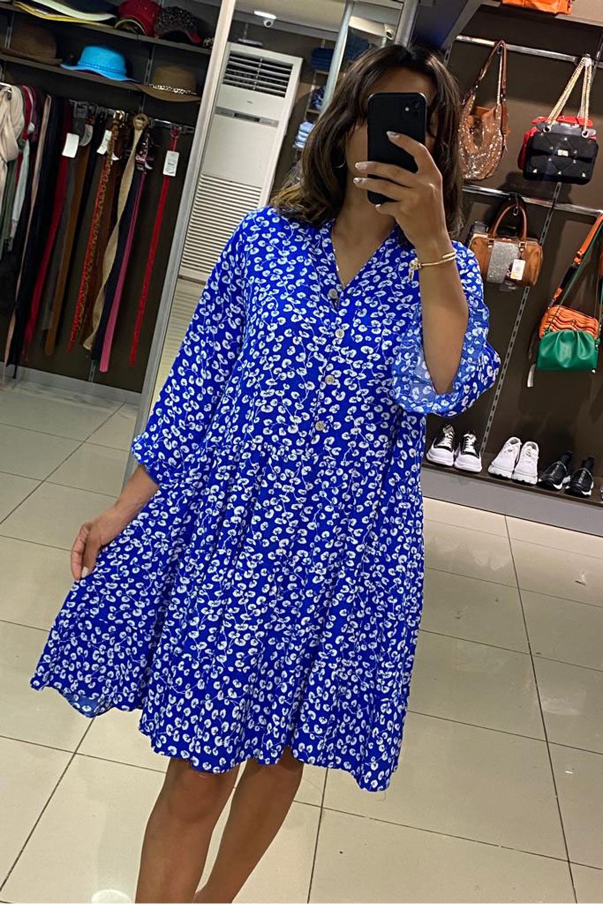 Ön Düğmeli Çıtır Desen Eteği Volanlı Elbise-Mavi