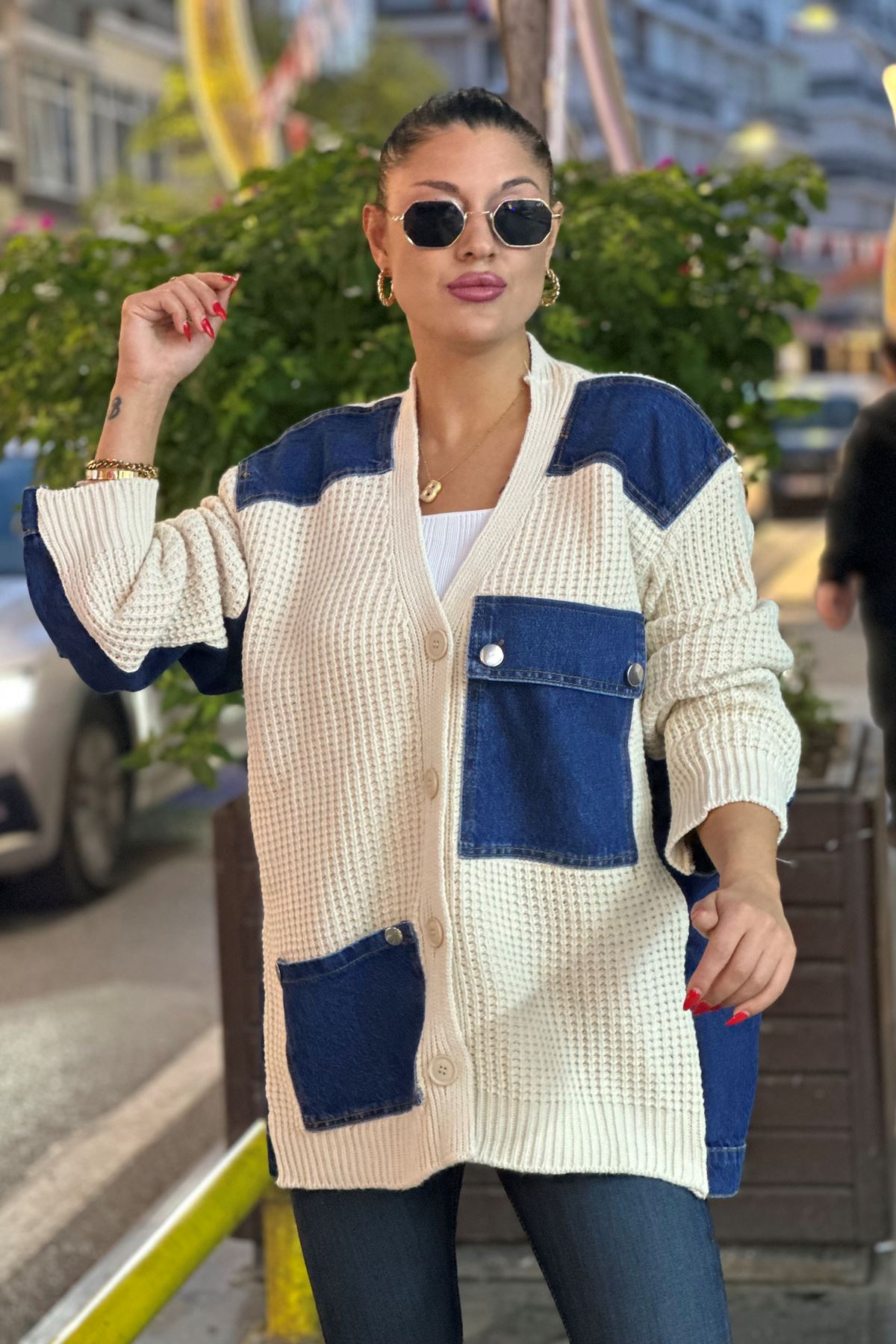 Kot Yama Detaylı Triko Hırka-Krem