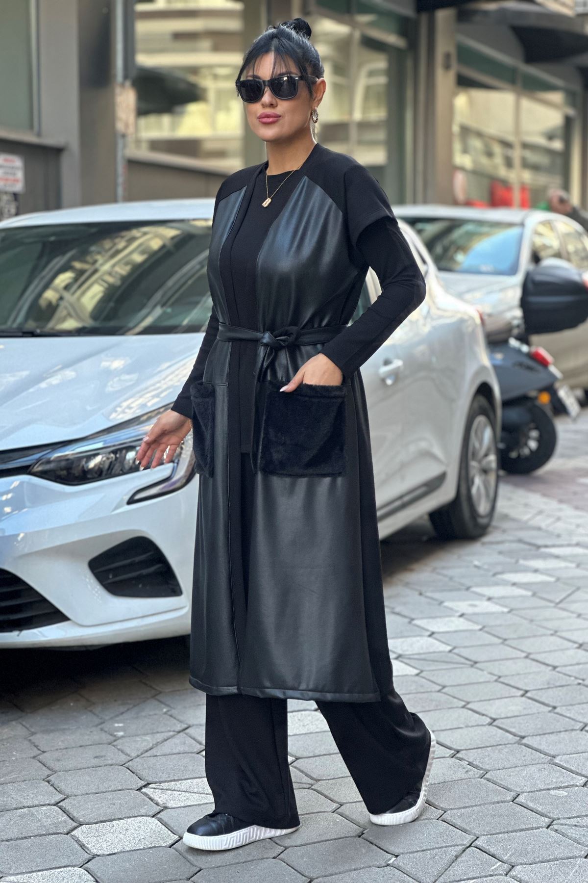 Uzun Deri Yelekli Üçlü Takım-Siyah