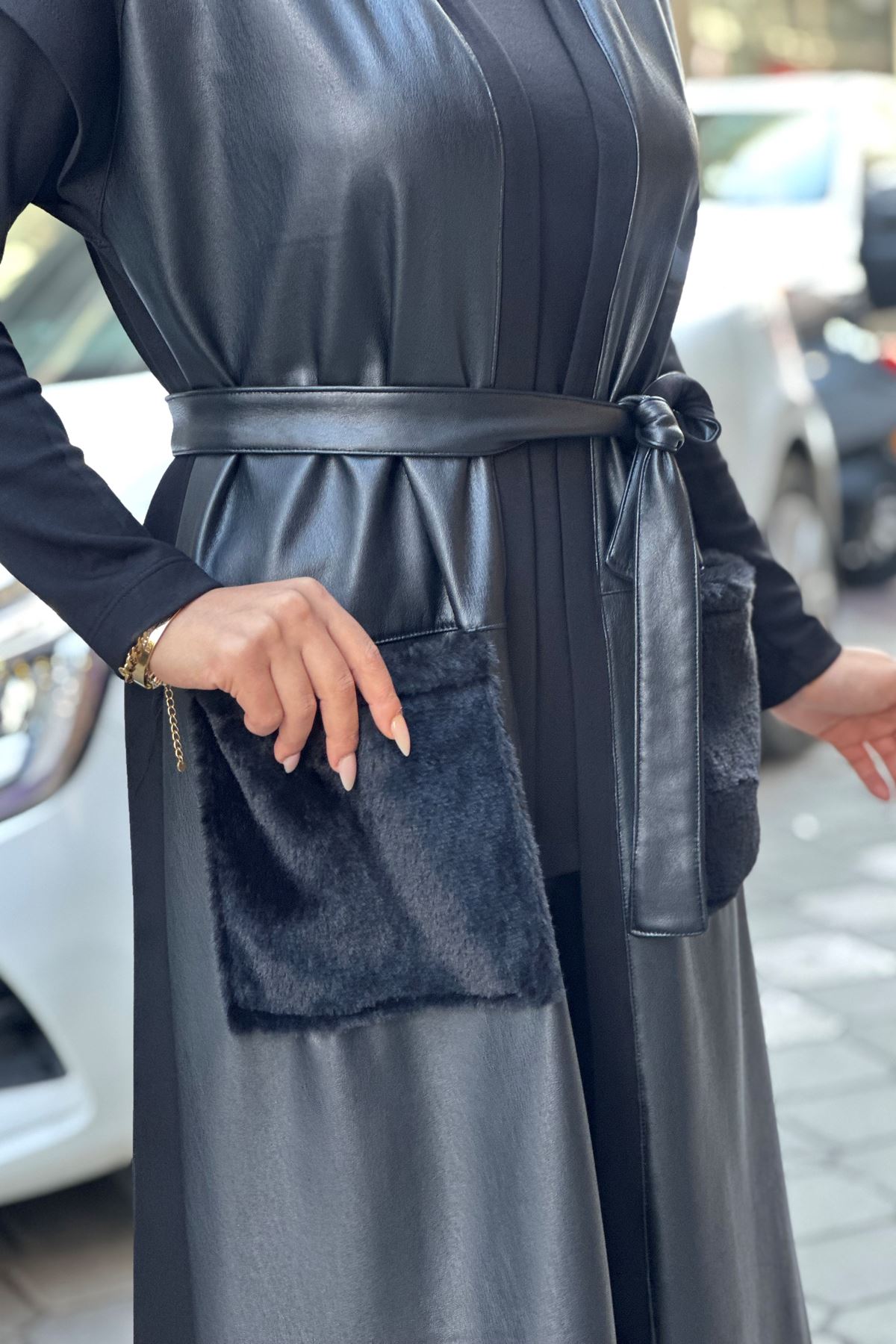 Uzun Deri Yelekli Üçlü Takım-Siyah