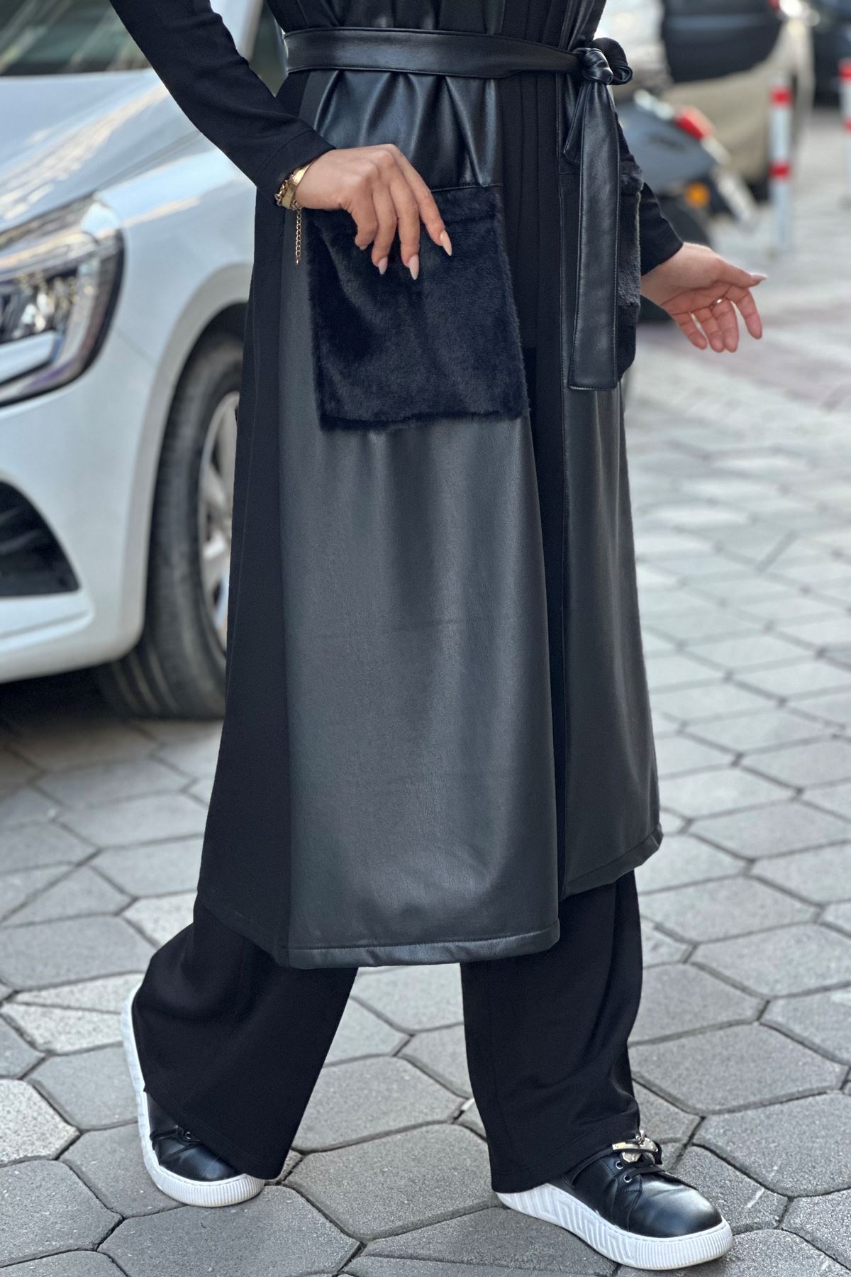 Uzun Deri Yelekli Üçlü Takım-Siyah