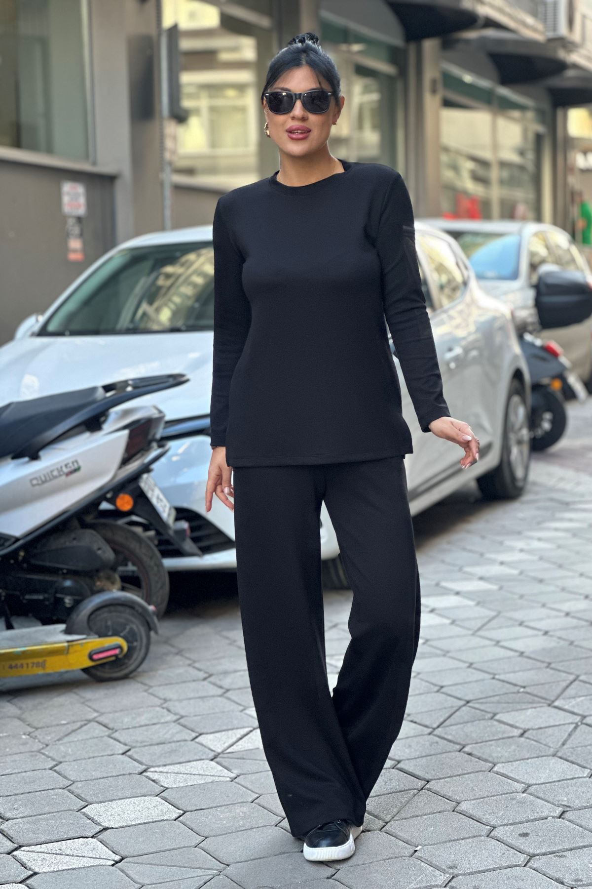 Uzun Deri Yelekli Üçlü Takım-Siyah