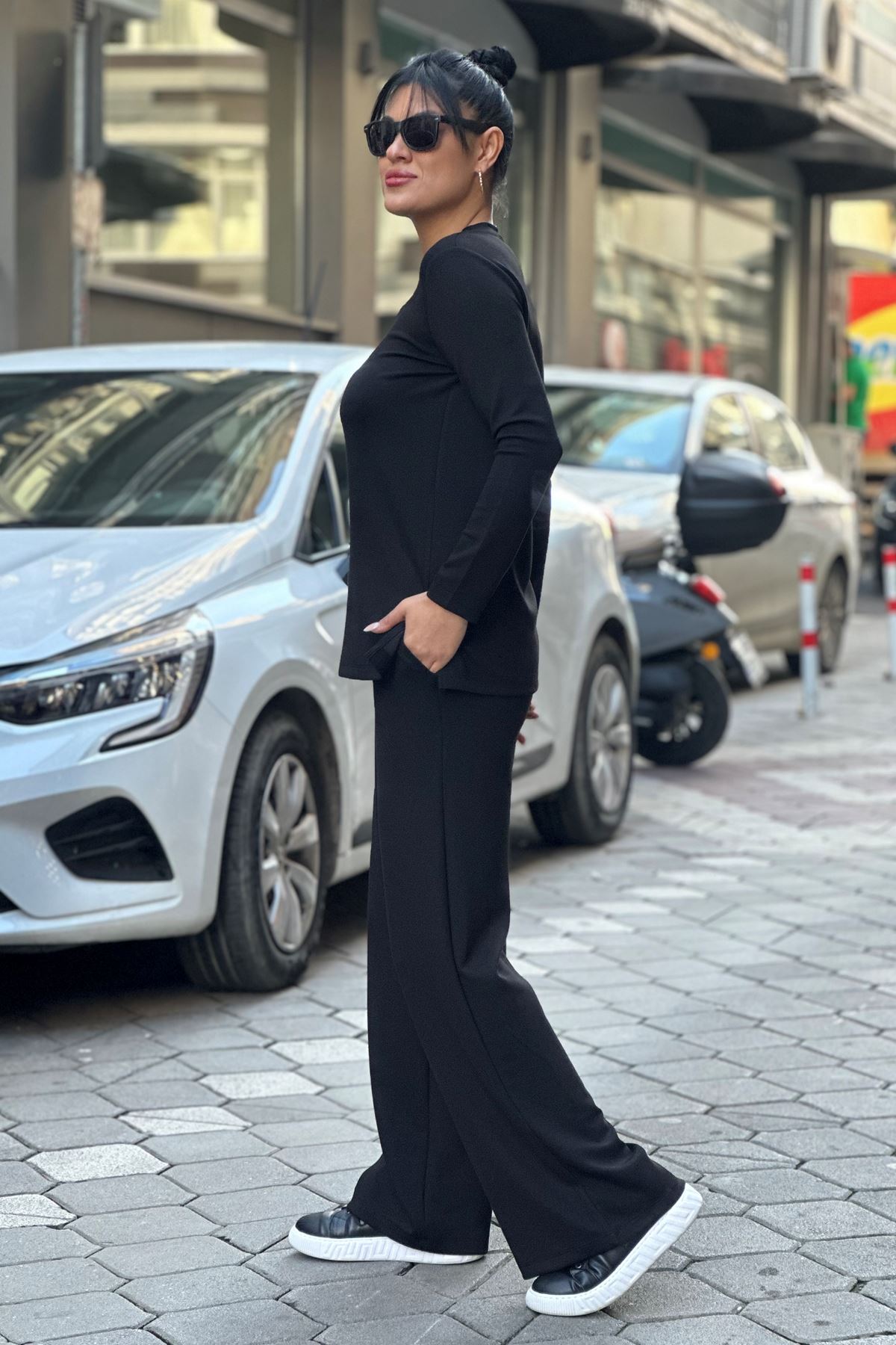 Uzun Deri Yelekli Üçlü Takım-Siyah