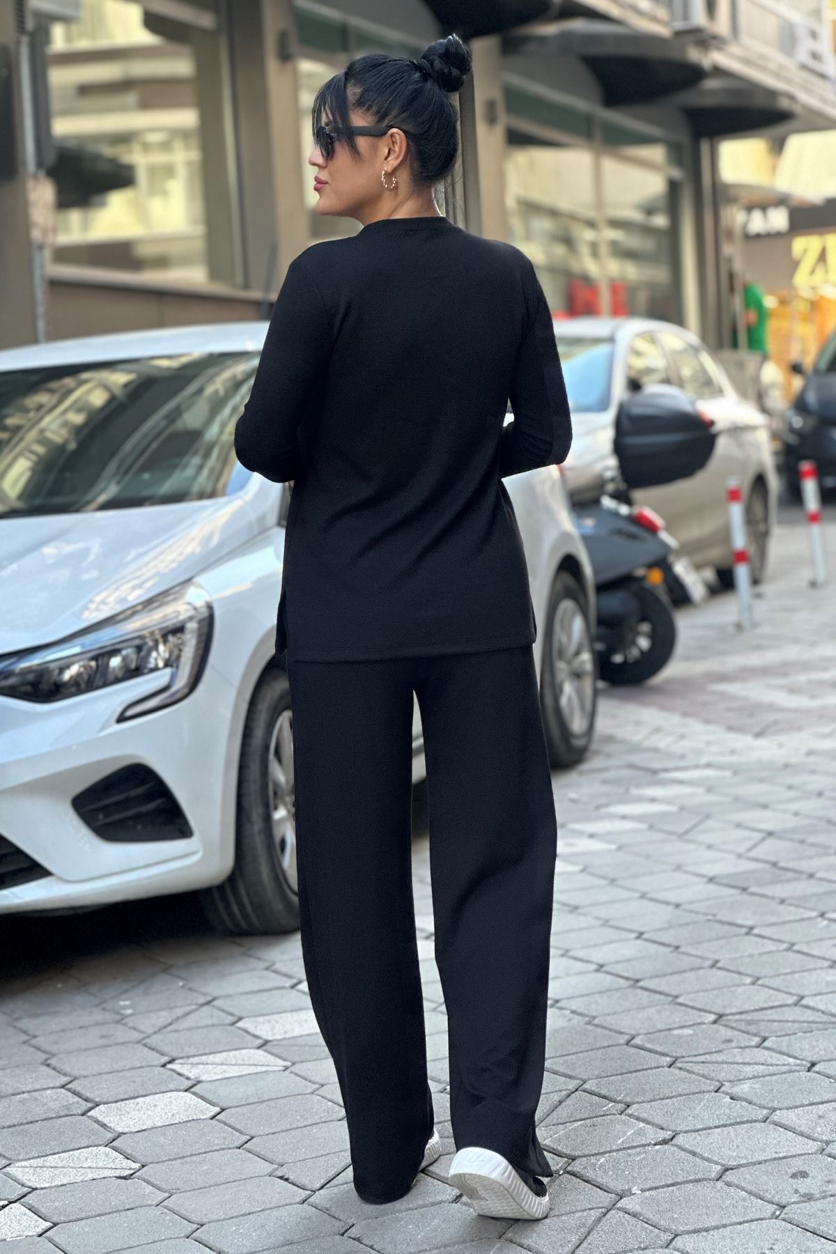 Uzun Deri Yelekli Üçlü Takım-Siyah