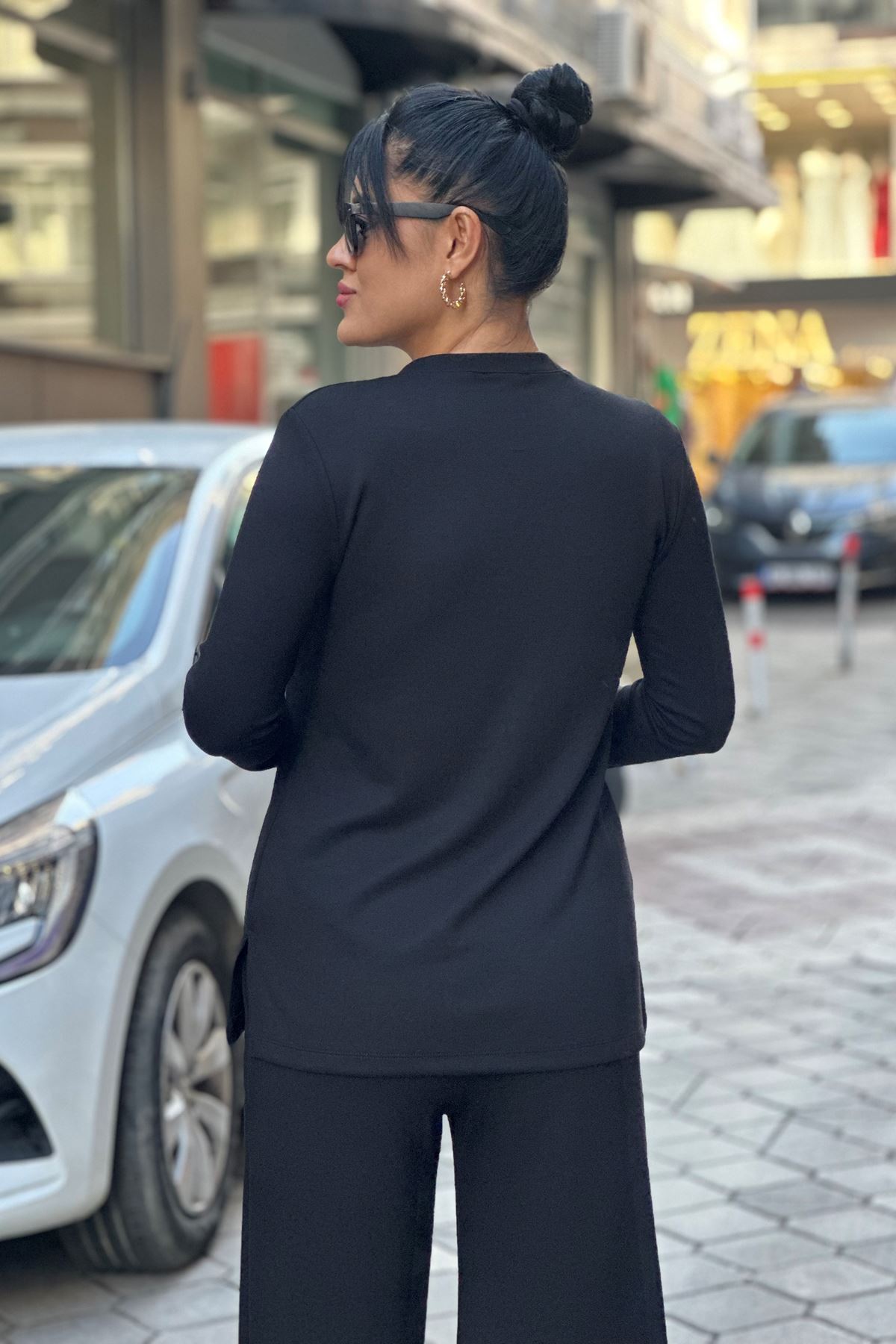 Uzun Deri Yelekli Üçlü Takım-Siyah