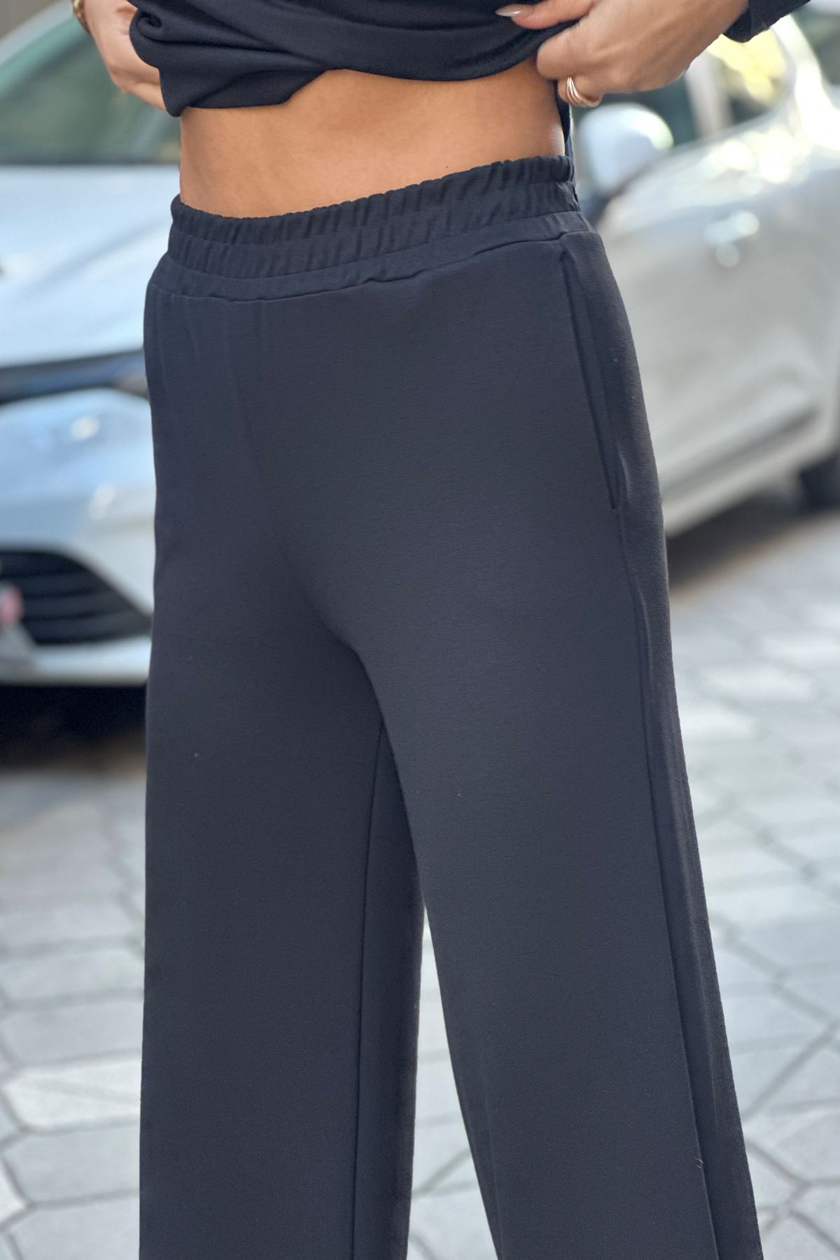 Uzun Deri Yelekli Üçlü Takım-Siyah