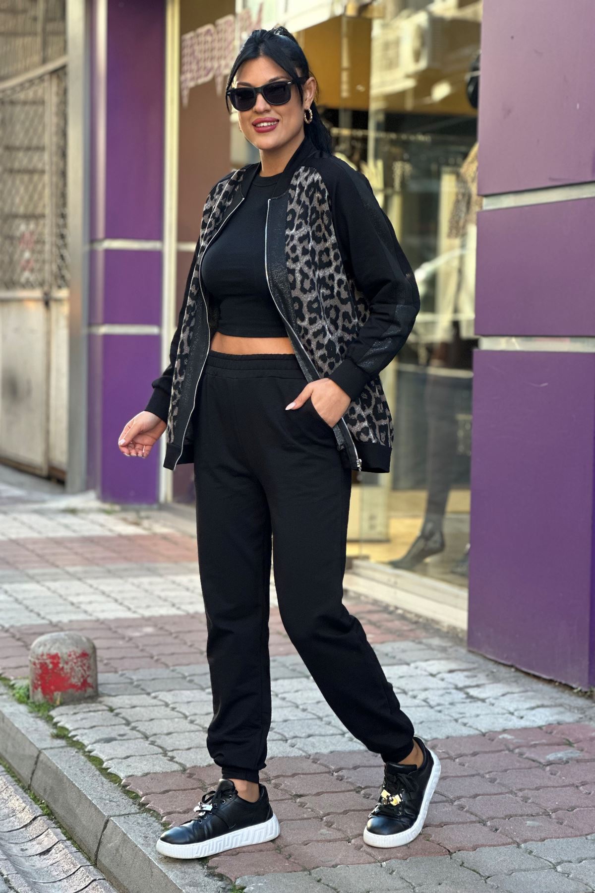 Jakarlı Leopar Desenli İkili Takım-Leopar