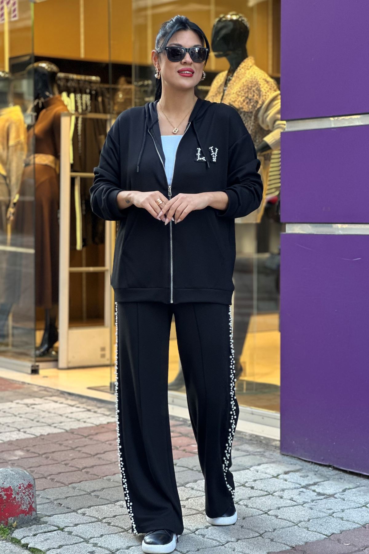 Yan Şerit İnci Detay Kapşonlu İkili Takım-Siyah