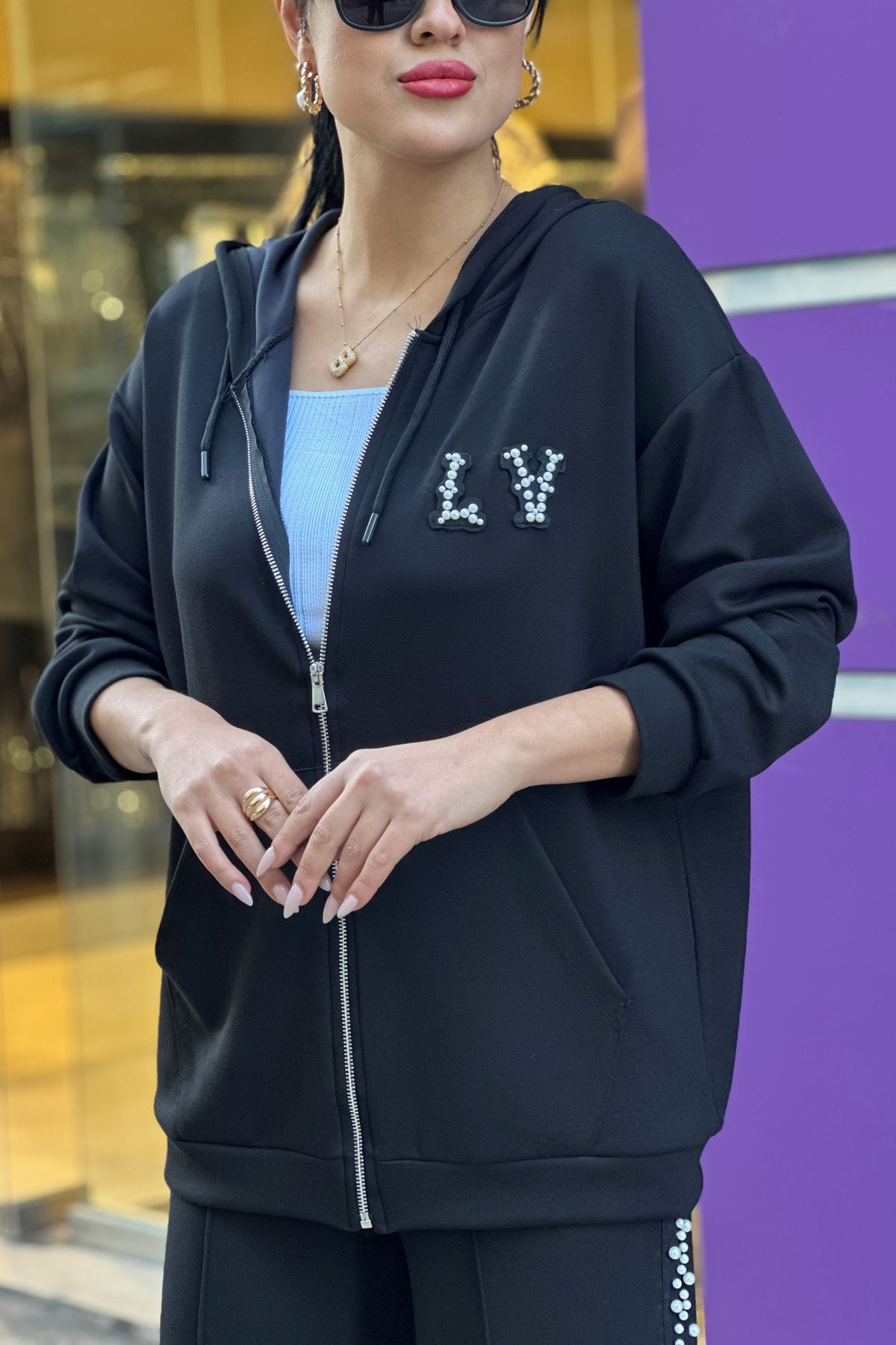 Yan Şerit İnci Detay Kapşonlu İkili Takım-Siyah