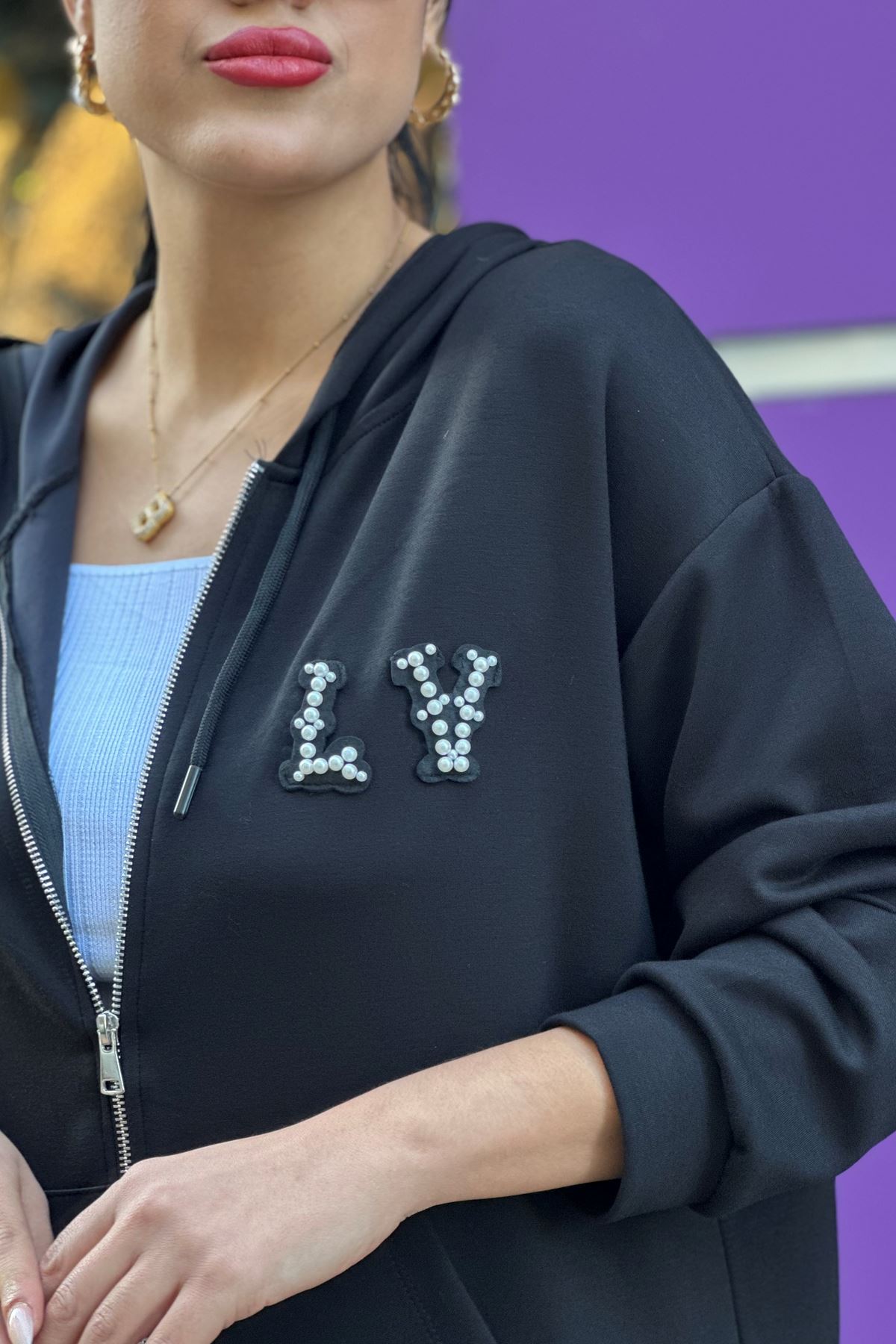 Yan Şerit İnci Detay Kapşonlu İkili Takım-Siyah