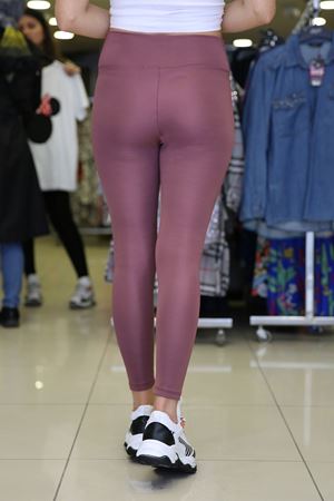 Yüksek Bel Beli Lastikli Parlak Tayt-Gül Kurusu