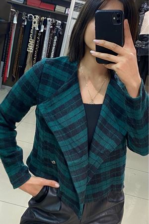 Dik Yaka Ekose Desenli Cepli Mini Kaşe Ceket-YEŞİLSİYAH