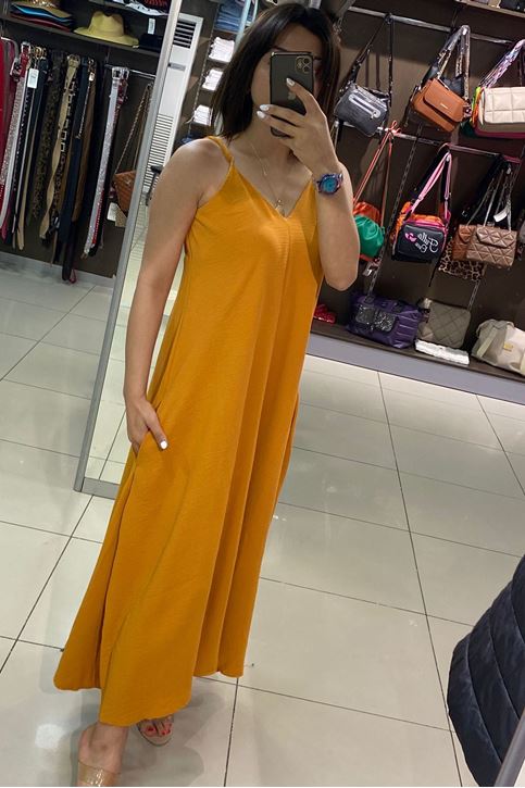 Askısı Ayarlanabilir Salaş Cepli Keten Elbise-Hardal Sarı