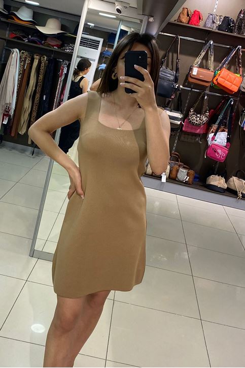 Kalın Askılı Kare Yaka Çan Elbise-Vizon