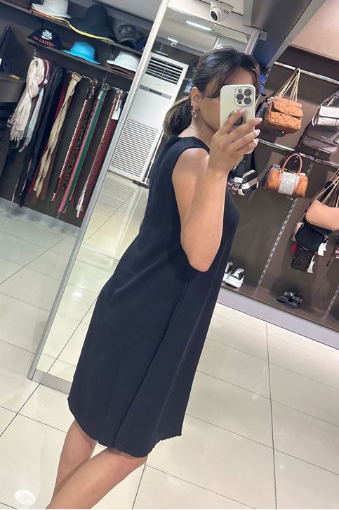 V Yaka Yan Cepli Alaçatı Keten Elbise-Siyah