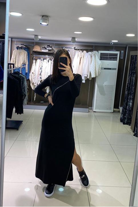 Fermuar Detaylı Maxi Boy Elbise-Siyah
