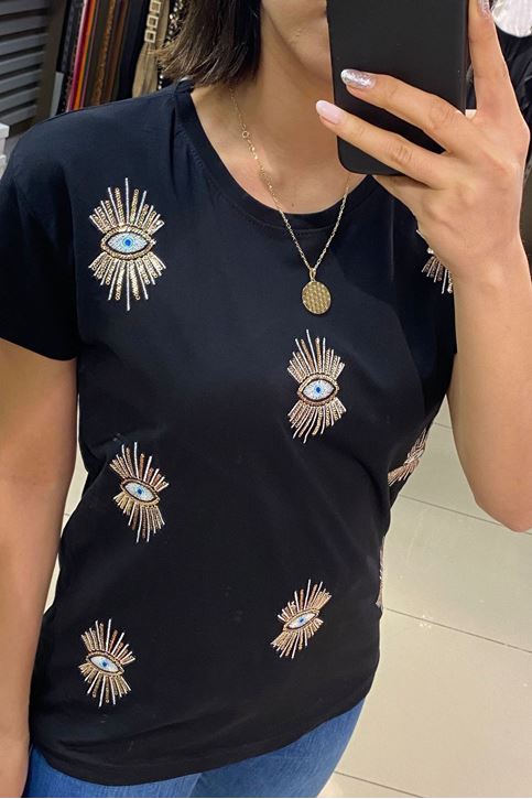 Bisiklet Yaka Göz Nakış İşlemeli Tshirt-Siyah