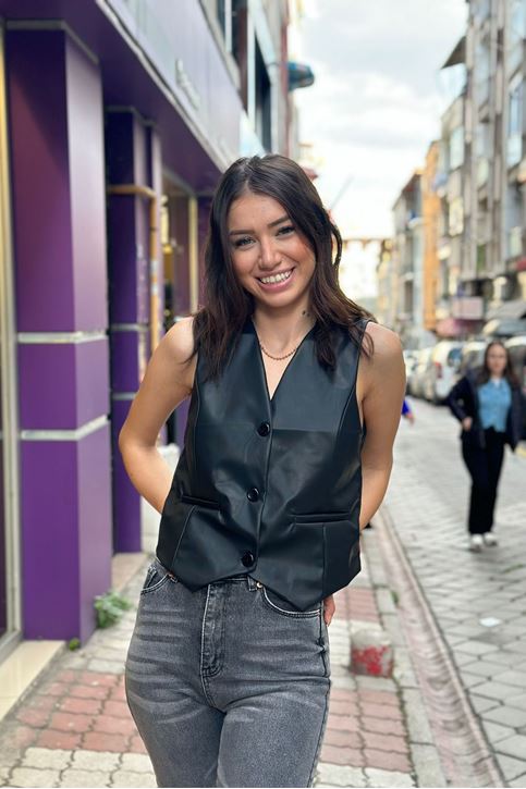 Deri Cepken Yelek-Siyah