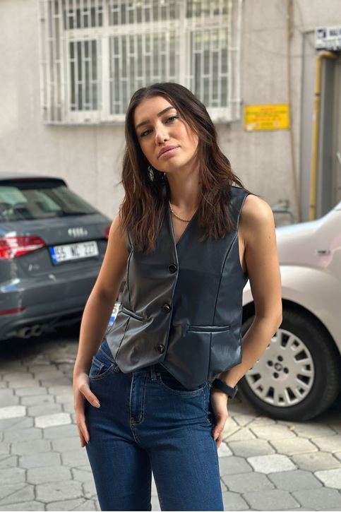 Deri Cepken Yelek-Lacivert