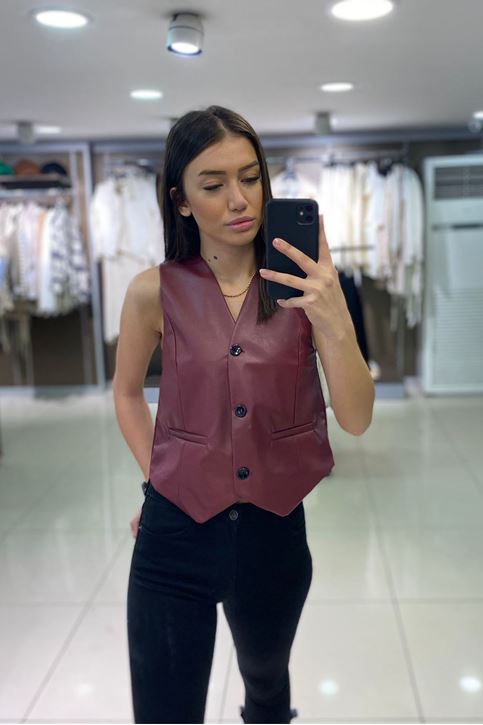 Deri Cepken Yelek-Bordo