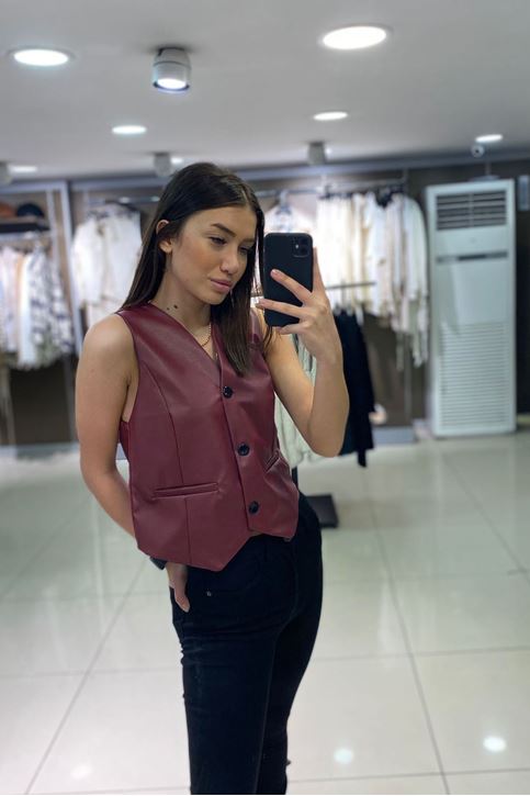 Deri Cepken Yelek-Bordo