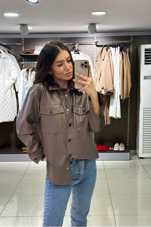 İçi Şardonlu Çift Cepli Deri Gömlek-Vizon