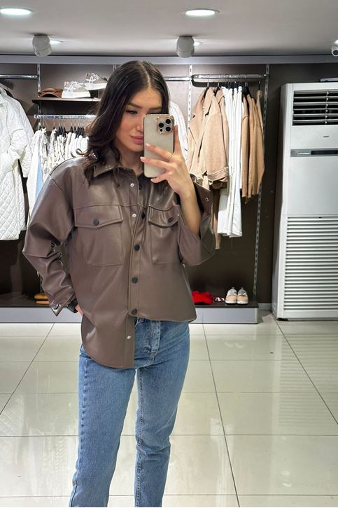 İçi Şardonlu Çift Cepli Deri Gömlek-Vizon