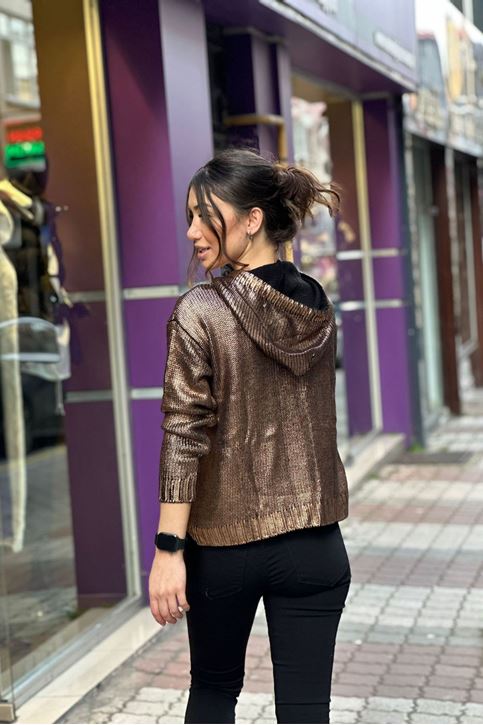 Kapşonlu Kendinden Varak Detaylı Triko-Bakır