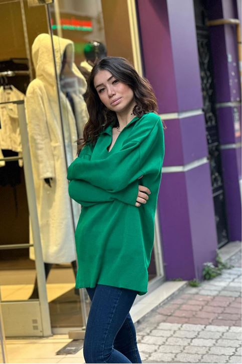 Polo Yaka Çelik Doku Yan Yırtmaçlı Kazak-Yeşil