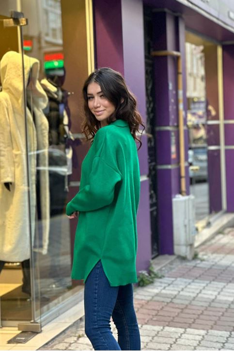 Polo Yaka Çelik Doku Yan Yırtmaçlı Kazak-Yeşil