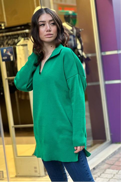 Polo Yaka Çelik Doku Yan Yırtmaçlı Kazak-Yeşil