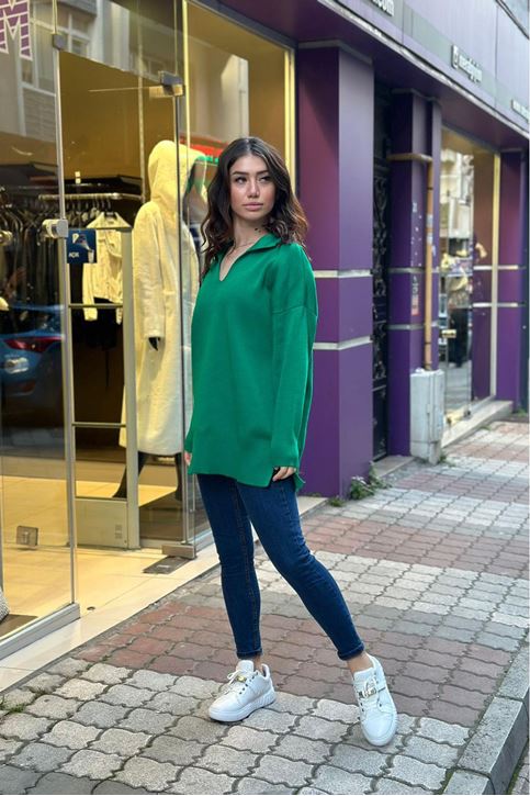 Polo Yaka Çelik Doku Yan Yırtmaçlı Kazak-Yeşil