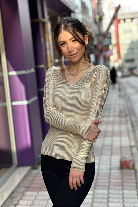 Omuzları Lazer Kesim Varaklı Bluz-gold